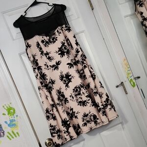 Pink With Black Roses Floral Sleeveless Dress with Black Mesh